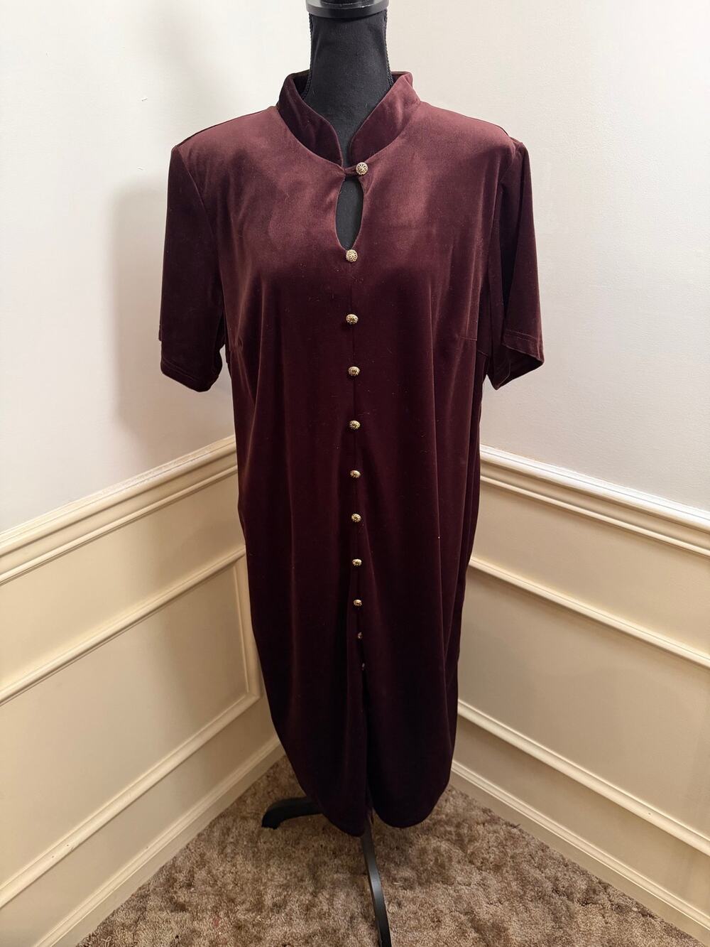Vintage Caroline Wells II Brown Velvet Mandarin Collar Dress Button Front Midi